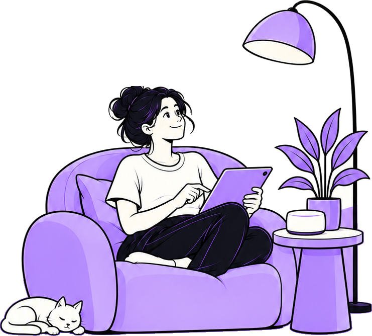 A woman relaxing with a tablet in a lilac armchair, with a sleeping cat beside her.